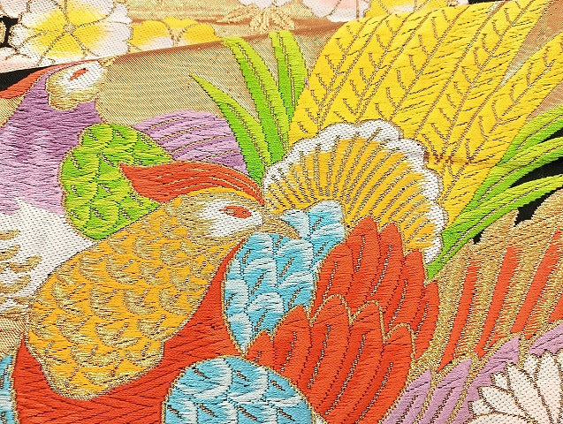 平和屋着物◎六通柄袋帯 唐織 花鳥文 金糸 正絹 逸品 BAAL1052cm