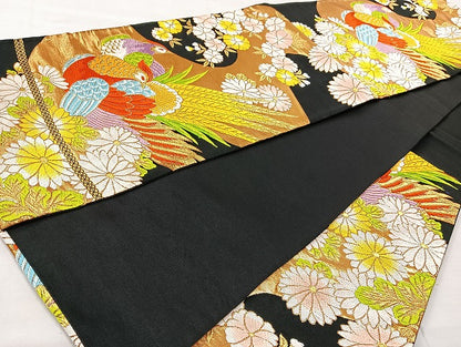 平和屋着物◎六通柄袋帯 唐織 花鳥文 金糸 正絹 逸品 BAAL1052cm