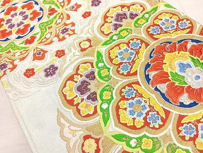 平和屋着物◎六通柄袋帯 唐織 正倉院花文 金銀糸 正絹 逸品 BAAL1053cm