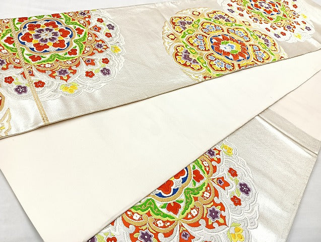 平和屋着物◎六通柄袋帯 唐織 正倉院花文 金銀糸 正絹 逸品 BAAL1053cm