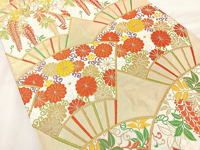 平和屋着物◎六通柄袋帯 唐織 扇面花文 金糸 正絹 逸品 BAAL1042cm