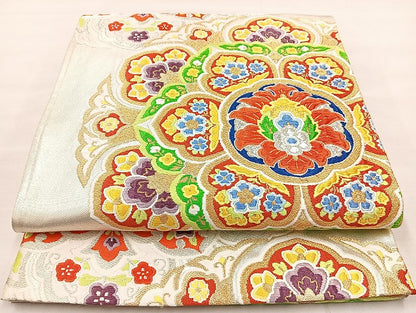 平和屋着物◎六通柄袋帯 唐織 正倉院花文 金銀糸 正絹 逸品 BAAL1053cm