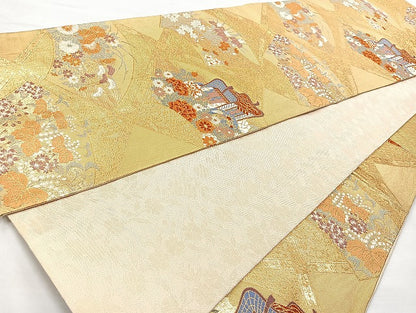 平和屋着物◎六通柄袋帯　唐織　春秋草花文　金糸　正絹　逸品　BAAL1071cm
