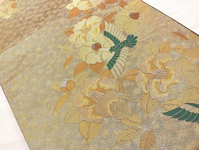 平和屋着物◎太鼓柄袋帯 唐織 花鳥文 手織 引箔 正絹 逸品 BAAL1065cm