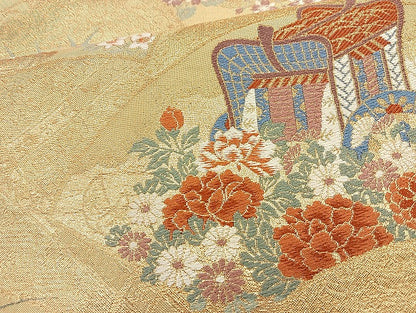 平和屋着物◎六通柄袋帯　唐織　春秋草花文　金糸　正絹　逸品　BAAL1071cm