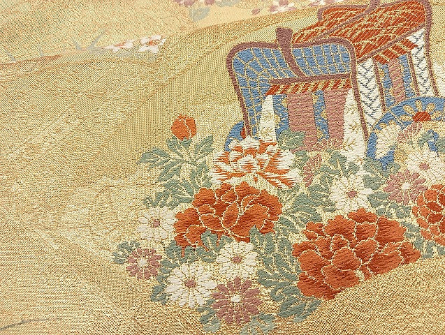 平和屋着物◎六通柄袋帯　唐織　春秋草花文　金糸　正絹　逸品　BAAL1071cm