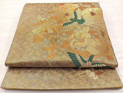 平和屋着物◎太鼓柄袋帯 唐織 花鳥文 手織 引箔 正絹 逸品 BAAL1065cm