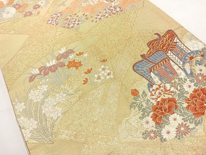 平和屋着物◎六通柄袋帯　唐織　春秋草花文　金糸　正絹　逸品　BAAL1071cm