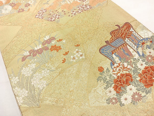 平和屋着物◎六通柄袋帯　唐織　春秋草花文　金糸　正絹　逸品　BAAL1071cm