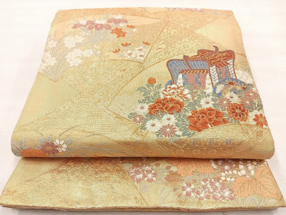 平和屋着物◎六通柄袋帯　唐織　春秋草花文　金糸　正絹　逸品　BAAL1071cm