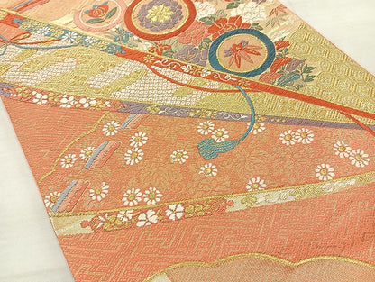 平和屋着物◎六通柄袋帯 唐織 飛鶴宝尽くし 金糸 正絹 逸品 BAAL1095cm