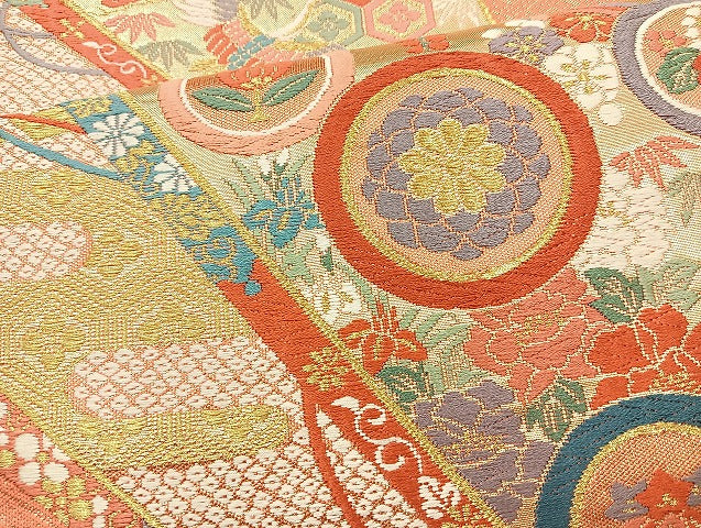 平和屋着物◎六通柄袋帯 唐織 飛鶴宝尽くし 金糸 正絹 逸品 BAAL1095cm