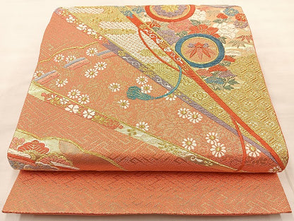 平和屋着物◎六通柄袋帯 唐織 飛鶴宝尽くし 金糸 正絹 逸品 BAAL1095cm