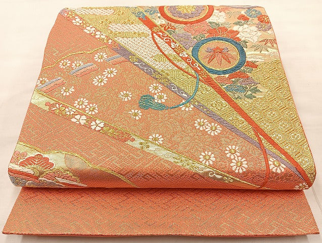 平和屋着物◎六通柄袋帯 唐織 飛鶴宝尽くし 金糸 正絹 逸品 BAAL1095cm