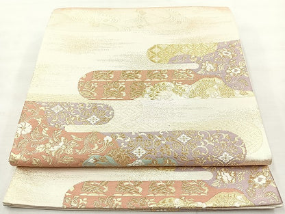 平和屋着物◎六通柄袋帯 唐織 エ霞草花文 金糸 正絹 逸品 BAAL3301cm