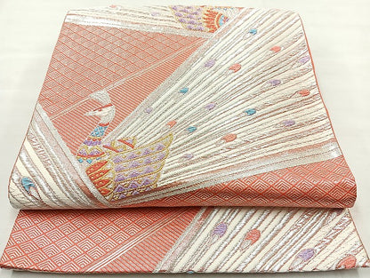 平和屋着物◎六通柄袋帯 唐織 孔雀 金銀糸 正絹 逸品 BAAL3310cm