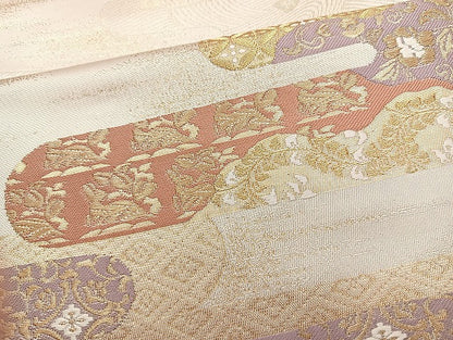 平和屋着物◎六通柄袋帯 唐織 エ霞草花文 金糸 正絹 逸品 BAAL3301cm