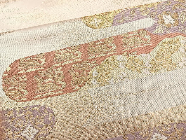 平和屋着物◎六通柄袋帯 唐織 エ霞草花文 金糸 正絹 逸品 BAAL3301cm