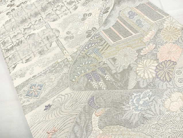 平和屋着物◎六通柄袋帯 唐織 千代乃文 プラチナ箔 正絹 逸品 BAAL3328cm
