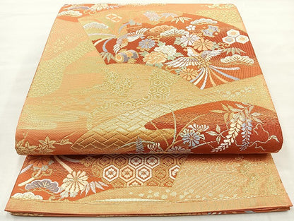 平和屋着物◎六通柄袋帯 唐織 地紙鳳凰花文 金糸 正絹 逸品 BAAL3323cm