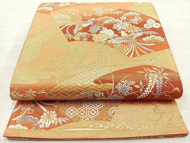平和屋着物◎六通柄袋帯 唐織 地紙鳳凰花文 金糸 正絹 逸品 BAAL3323cm