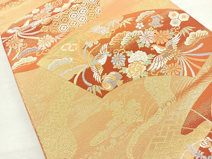 平和屋着物◎六通柄袋帯 唐織 地紙鳳凰花文 金糸 正絹 逸品 BAAL3323cm
