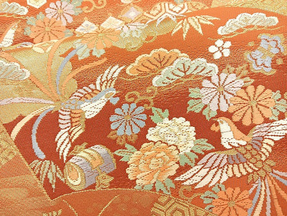 平和屋着物◎六通柄袋帯 唐織 地紙鳳凰花文 金糸 正絹 逸品 BAAL3323cm