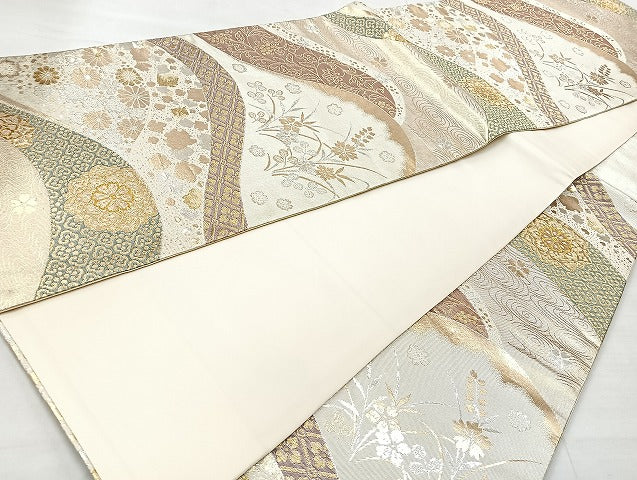 平和屋着物◎六通柄袋帯 遠山花文 金銀糸 正絹 逸品 BAAL3330cm