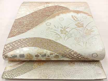 平和屋着物◎六通柄袋帯 遠山花文 金銀糸 正絹 逸品 BAAL3330cm