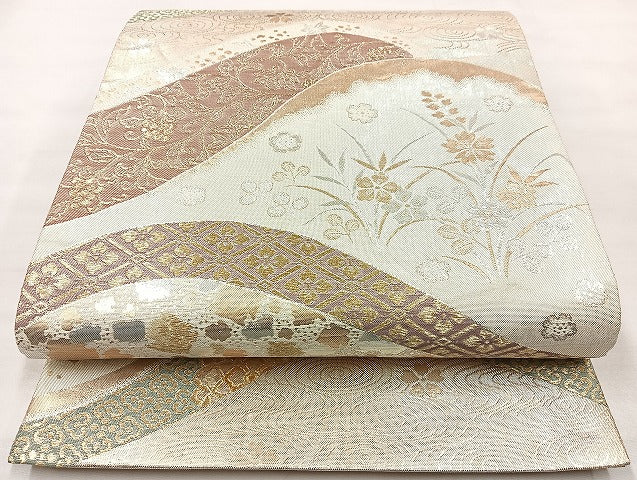 平和屋着物◎六通柄袋帯 遠山花文 金銀糸 正絹 逸品 BAAL3330cm