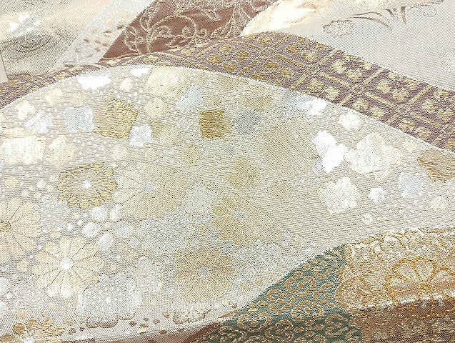 平和屋着物◎六通柄袋帯 遠山花文 金銀糸 正絹 逸品 BAAL3330cm