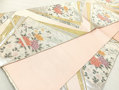 平和屋着物◎六通柄袋帯 唐織 色紙重ね花文 金銀糸 正絹 逸品 BAAL3349cm