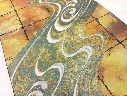 平和屋着物◎六通柄袋帯 流水文 金銀糸 正絹 逸品 BAAL3345cm