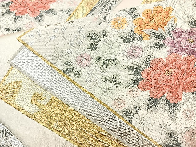 平和屋着物◎六通柄袋帯 唐織 色紙重ね花文 金銀糸 正絹 逸品 BAAL3349cm