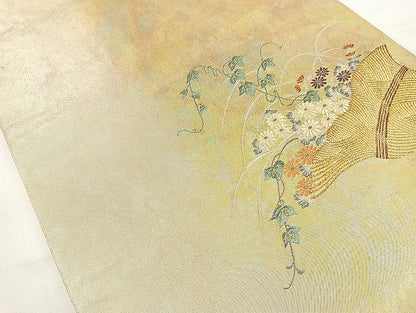 平和屋着物◎太鼓柄袋帯 草花文 金糸 正絹 逸品 BAAL3347cm