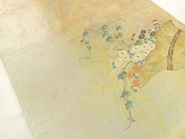 平和屋着物◎太鼓柄袋帯 草花文 金糸 正絹 逸品 BAAL3347cm