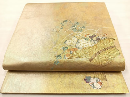 平和屋着物◎太鼓柄袋帯 草花文 金糸 正絹 逸品 BAAL3347cm
