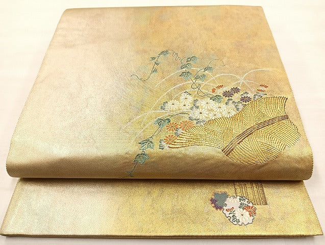 平和屋着物◎太鼓柄袋帯 草花文 金糸 正絹 逸品 BAAL3347cm