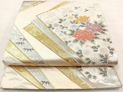 平和屋着物◎六通柄袋帯 唐織 色紙重ね花文 金銀糸 正絹 逸品 BAAL3349cm