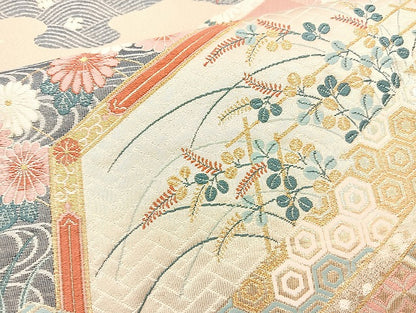 平和屋着物◎六通柄袋帯　唐織　飛鶴草花文　金糸　正絹　逸品　BAAL3359cm