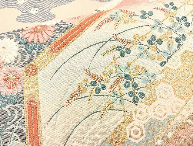 平和屋着物◎六通柄袋帯　唐織　飛鶴草花文　金糸　正絹　逸品　BAAL3359cm