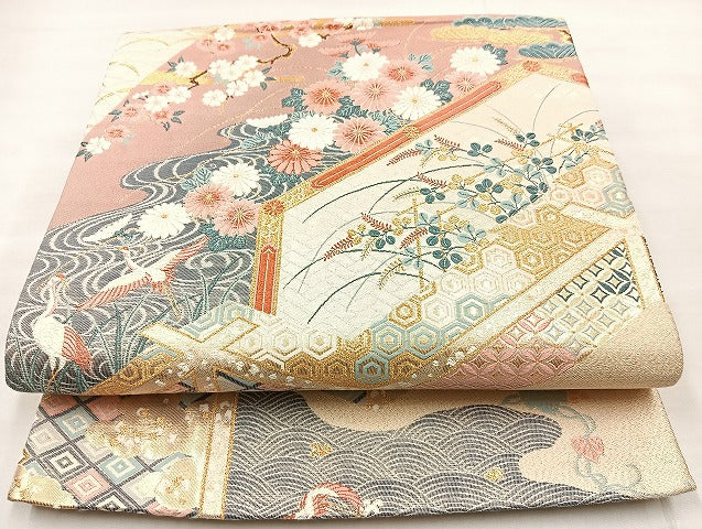平和屋着物◎六通柄袋帯　唐織　飛鶴草花文　金糸　正絹　逸品　BAAL3359cm