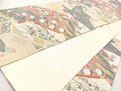 平和屋着物◎六通柄袋帯　唐織　飛鶴草花文　金糸　正絹　逸品　BAAL3359cm