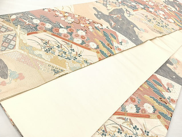 平和屋着物◎六通柄袋帯　唐織　飛鶴草花文　金糸　正絹　逸品　BAAL3359cm