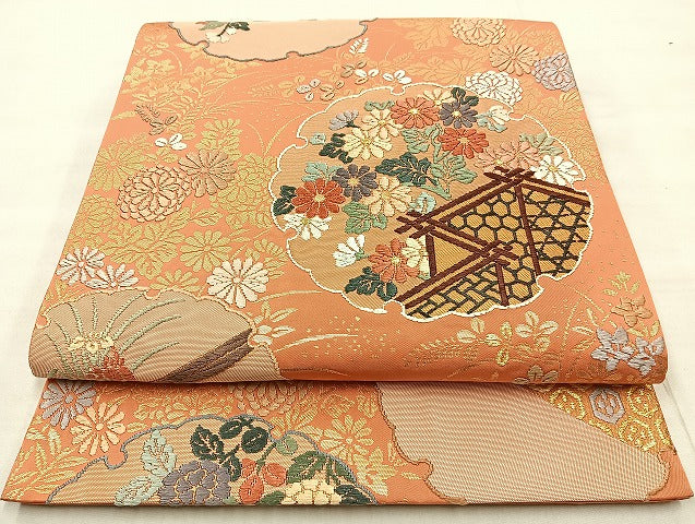 平和屋着物◎六通柄袋帯 唐織 雪輪草花文 金糸 正絹 逸品 BAAL3369cm