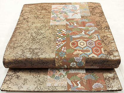 平和屋着物◎六通柄袋帯 唐織 飛鶴草花文 金糸 正絹 逸品 BAAL3386cm