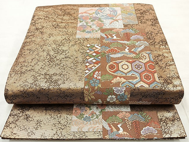 平和屋着物◎六通柄袋帯 唐織 飛鶴草花文 金糸 正絹 逸品 BAAL3386cm