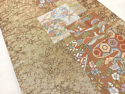 平和屋着物◎六通柄袋帯 唐織 飛鶴草花文 金糸 正絹 逸品 BAAL3386cm