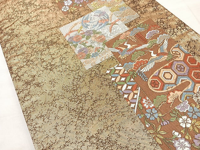 平和屋着物◎六通柄袋帯 唐織 飛鶴草花文 金糸 正絹 逸品 BAAL3386cm