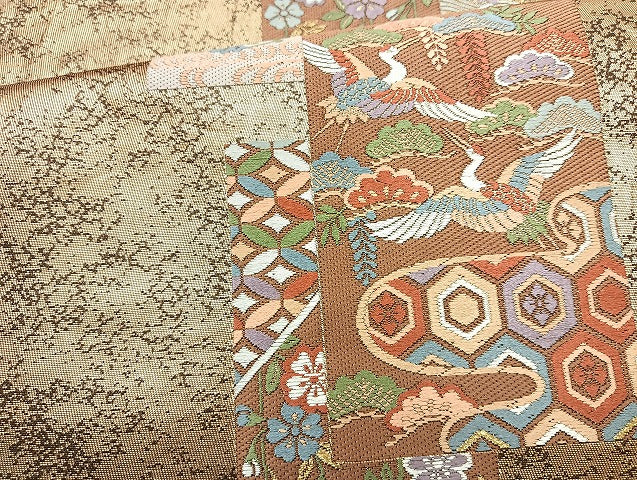 平和屋着物◎六通柄袋帯 唐織 飛鶴草花文 金糸 正絹 逸品 BAAL3386cm